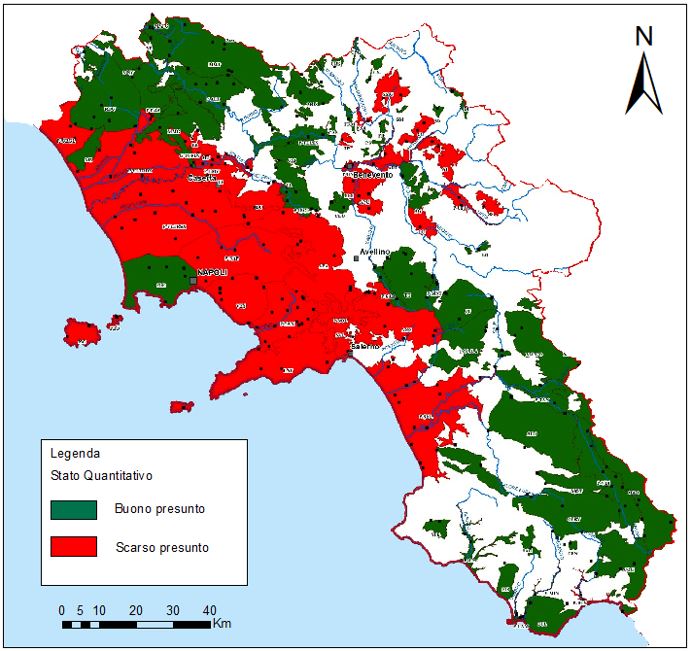 Stato Quantitativo dei Corpi Idrici Sotterranei. Elaborazione basata sulla Tav. 6.2.2 del Piano di Gestione delle Acque ciclo 2021-2027