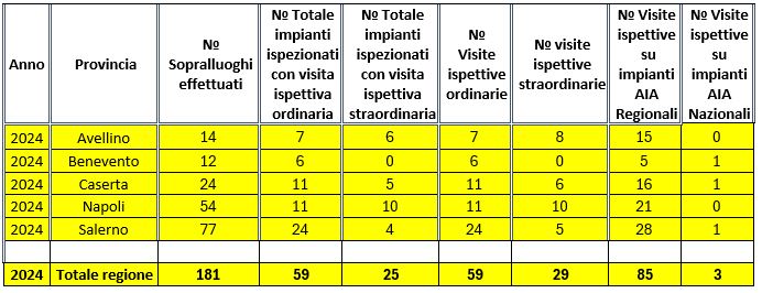 Ispezioni AIA ordinarie e straordinarie svolte nel 2024, differenziate per provincia