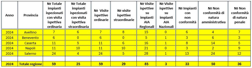 Numero di visite ispettive ARPAC su impianti AIA con indicazione per provincia delle