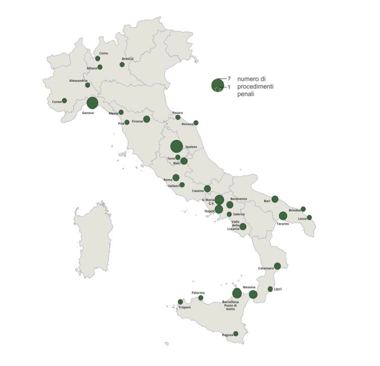 Tribunali di competenza dei procedimenti penali oggetto d'istruttoria per la valutazione del danno ambientale