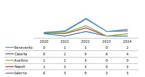 Incremento temporale dei procedimenti di danno ambientale in Campania dal 2020 al 2024 distinti per provincie