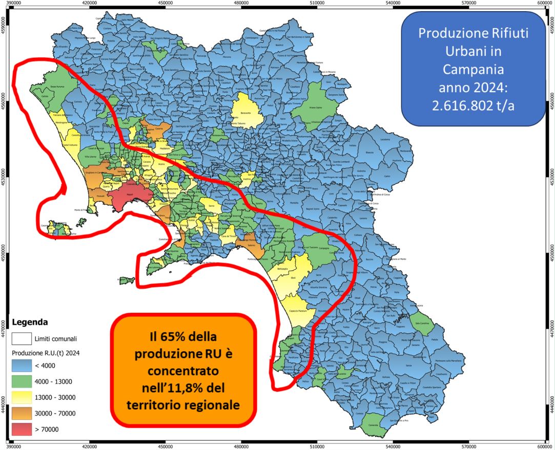 Distribuzione territoriale della produzione dei rifiuti urbani su scala comunale (t) - anno 2024