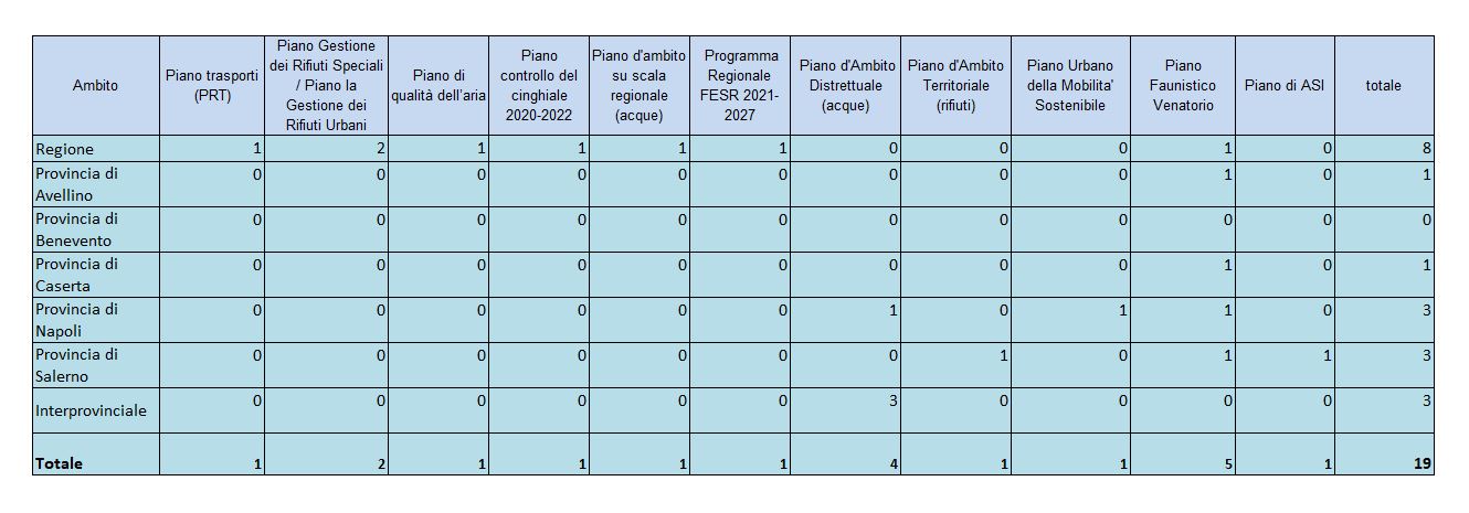 Numero di pratiche VAS -esaminate dalla Commissione VIA VAS VI con la partecipazione di ARPAC- distinte per tipologia di piano/programma e per ambito territoriale anni 2021-2024