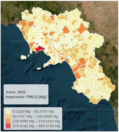 Fonte: Giunta Regionale della Campania - Direzione Generale Difesa del suolo e l’ecosistema - UOD 500604 Sviluppo sostenibile – Acustica Qualità dell’aria - Radiazioni Criticità ambientali in rapporto con la salute umana “Inventario regionale delle emissioni per l'anno 2021 - Relazione”