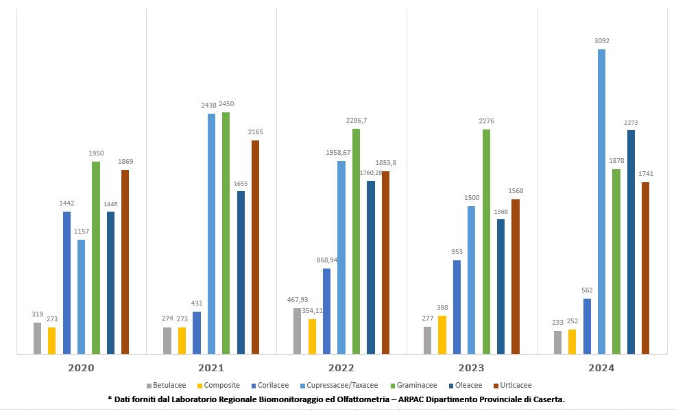 Distribuzione delle famiglie allergeniche - Stazione di monitoraggio BN1 Anni 2020_2024
