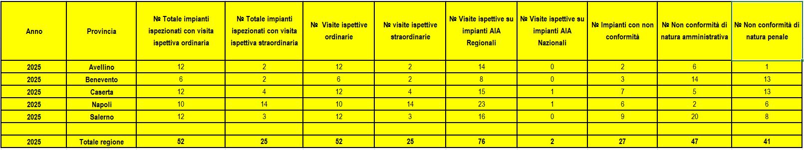 Numero di visite ispettive ARPAC su impianti AIA con indicazione per provincia delle 