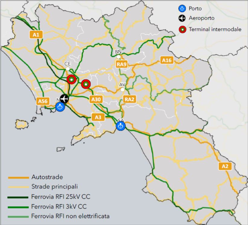 Dotazione fisica del sistema infrastrutturale in Campania– Fonte: elaborazione Uniontrasporti